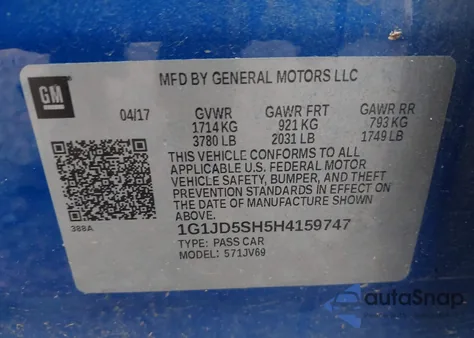 2017 Chevrolet Sonic Lt Auto z USA, uszkodzony, nr VIN 1G1JD5SH5H4159747